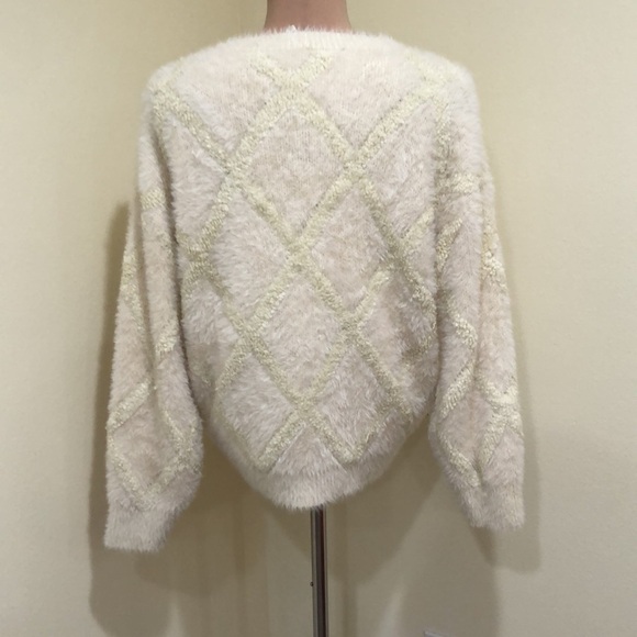 Anthropologie Raga Sweater Size Medium Ecru Cream Windowpane Fuzzy Knit - Picture 5 of 10